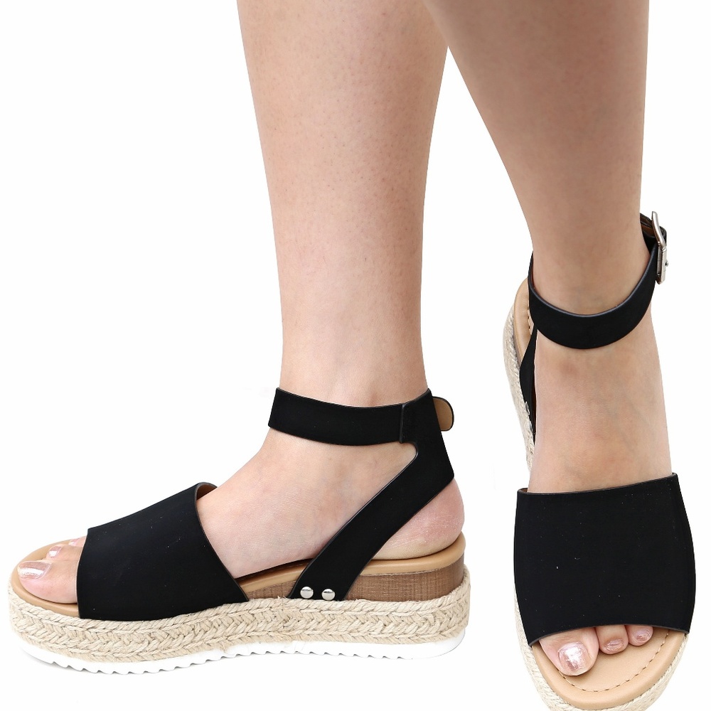 New Soda Black Platform Espadrille Wedge Sandal - Picture 3 of 4